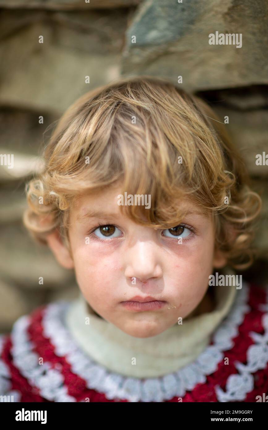 Close-up portrait of a young blonde Kalash girl, Bumburet Valley ...