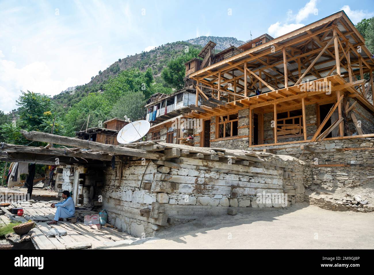 Traditional architecture in a Kalash village, Bumburet Valley, Pakistan Stock Photo