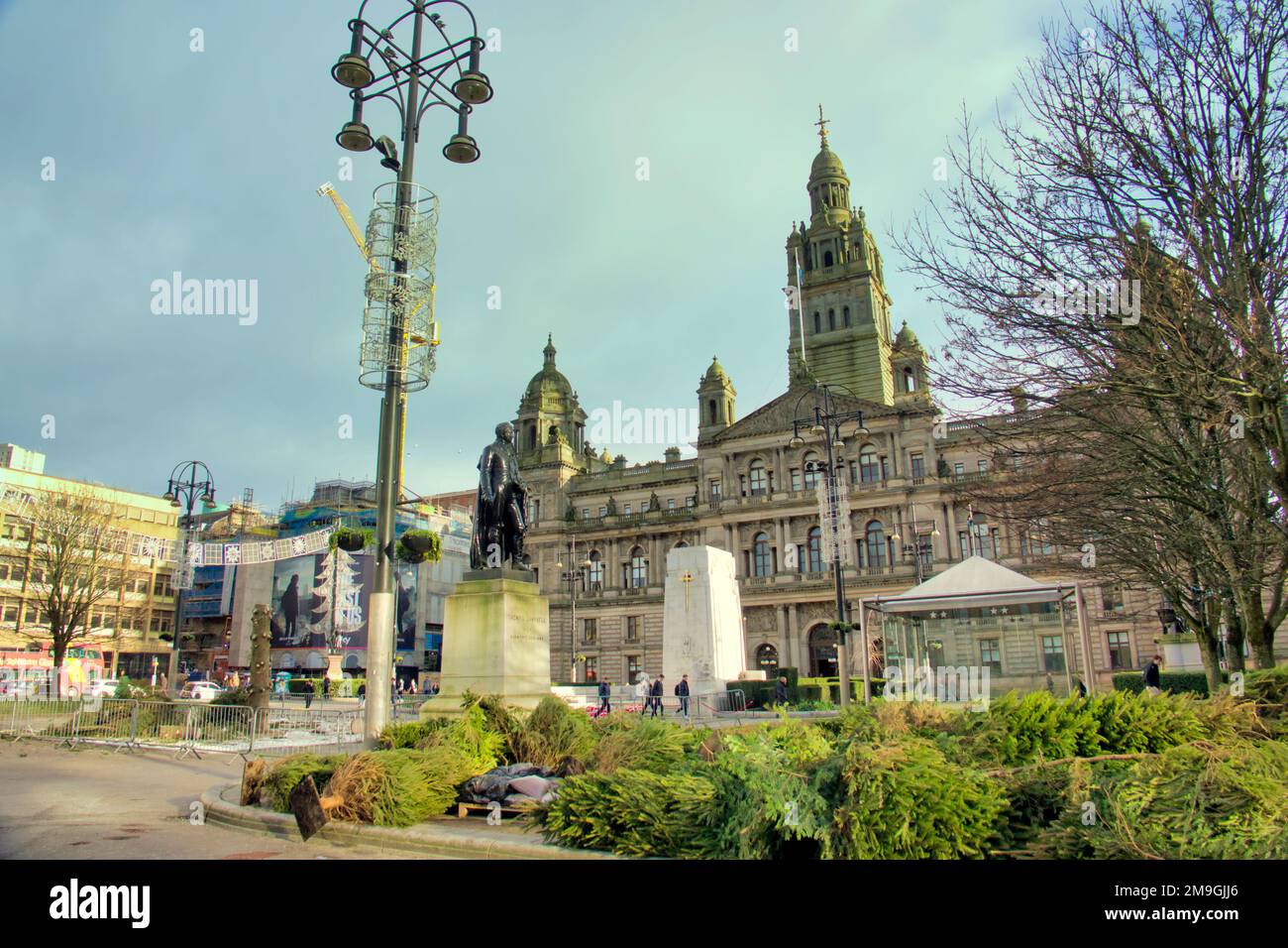 Glasgow, Scotland, UK 18th January, 2023.  City council City's Christmas tree finally comes down in george square much to the bemusement of tourist and locals alike as the manger housing still stands much to the amusement of all at council incompetence. Credit Gerard Ferry/Alamy Live News Stock Photo