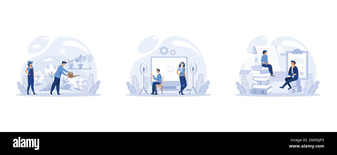 IT profession set. Programmer write software and create code for computer. Coding script for project and app, set flat vector modern illustration Stock Vector