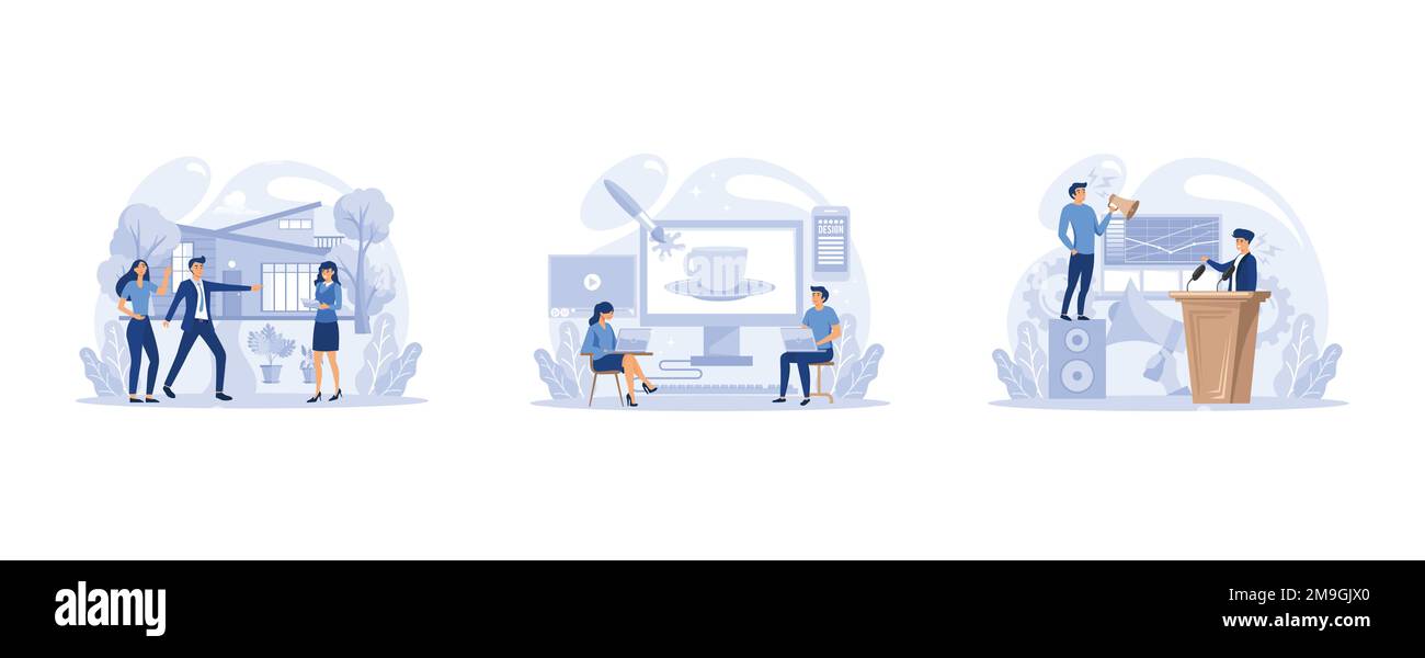 IT profession set. Programmer write software and create code for computer. Coding script for project and app, set flat vector modern illustration Stock Vector