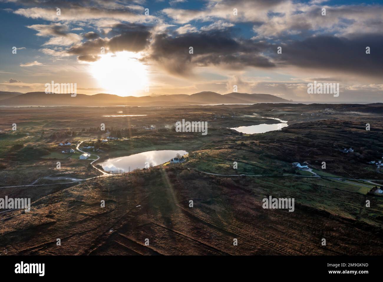 Aerial view sunset at Lough Fad in County Donegal - Ireland Stock Photo