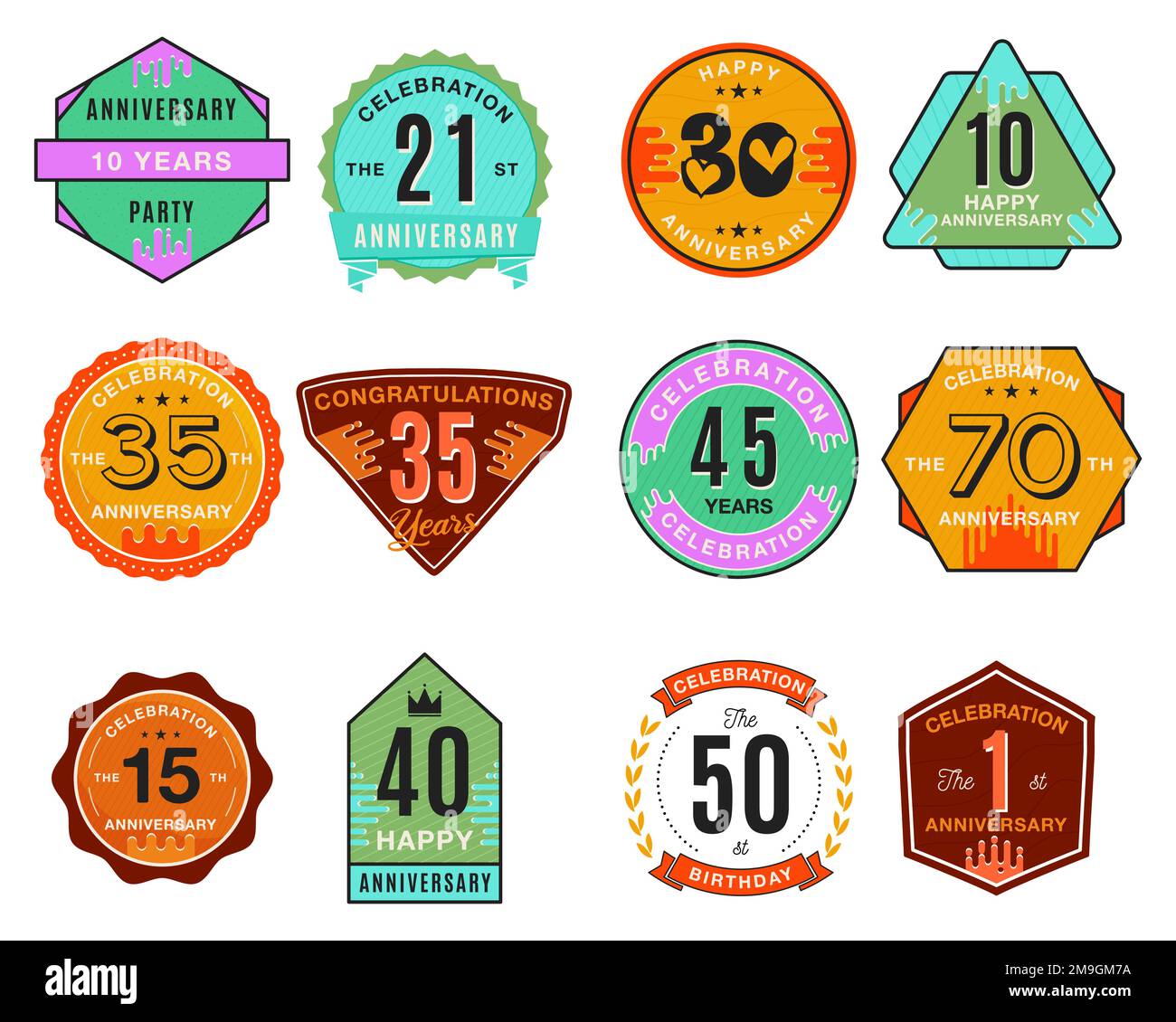 12 Anniversary Logo Templates Set. Wedding badges in flat modern style. Birthday anniversary labels collection. Stock vector designs Stock Vector