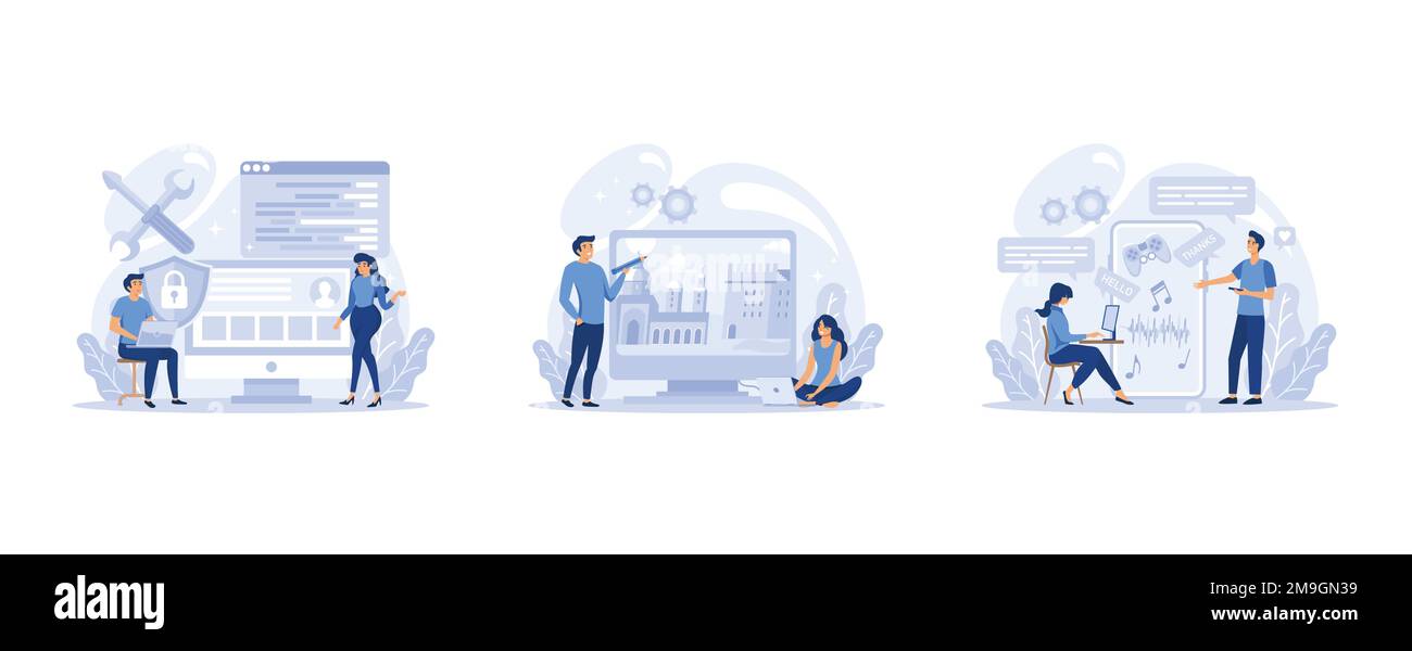 IT profession set. Programmer write software and create code for computer. Coding script for project and app, set flat vector modern illustration Stock Vector