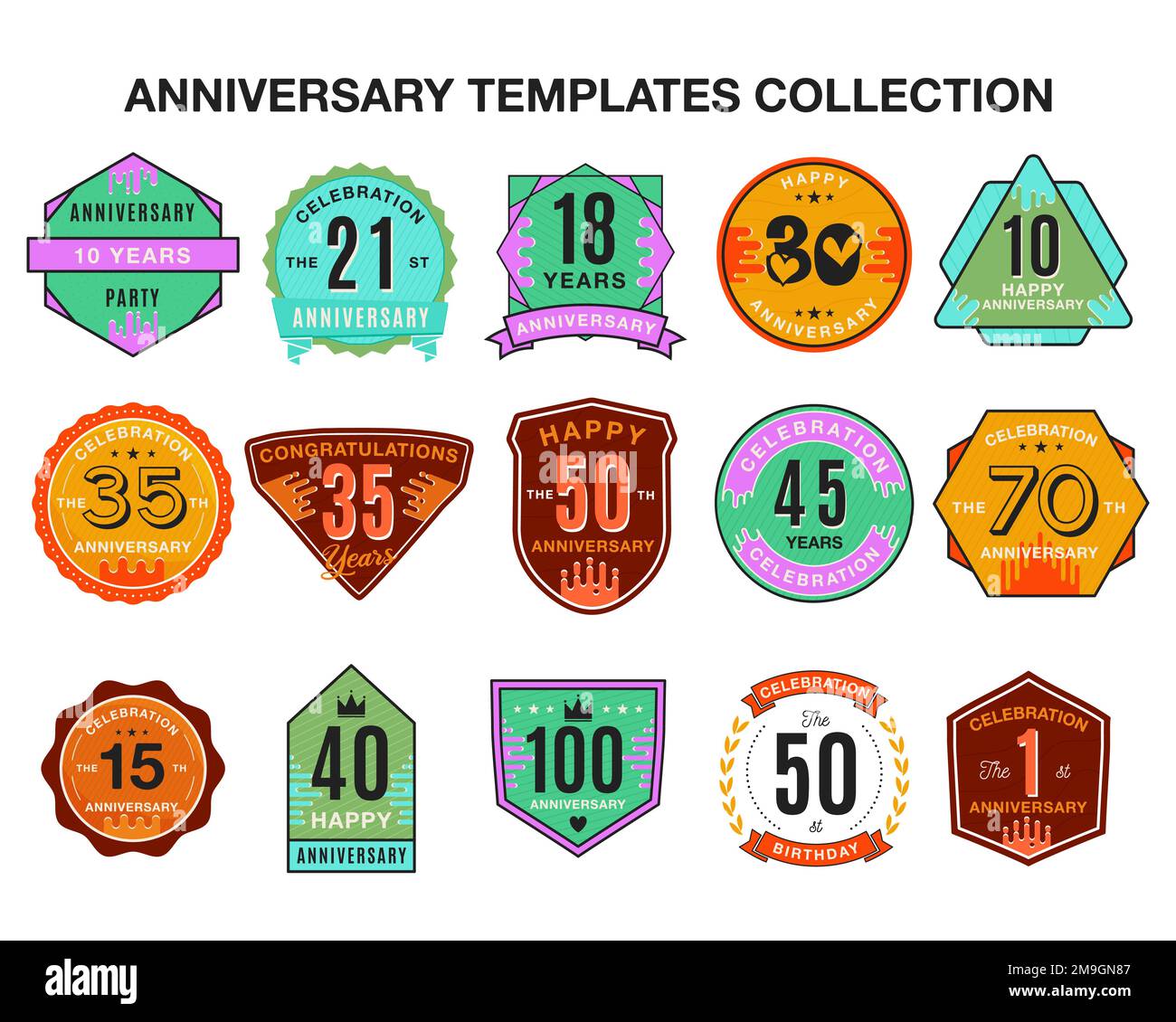 Anniversary Logo Templates Set. Wedding badges in flat modern style. Birthday anniversary labels collection. Stock vector designs Stock Vector