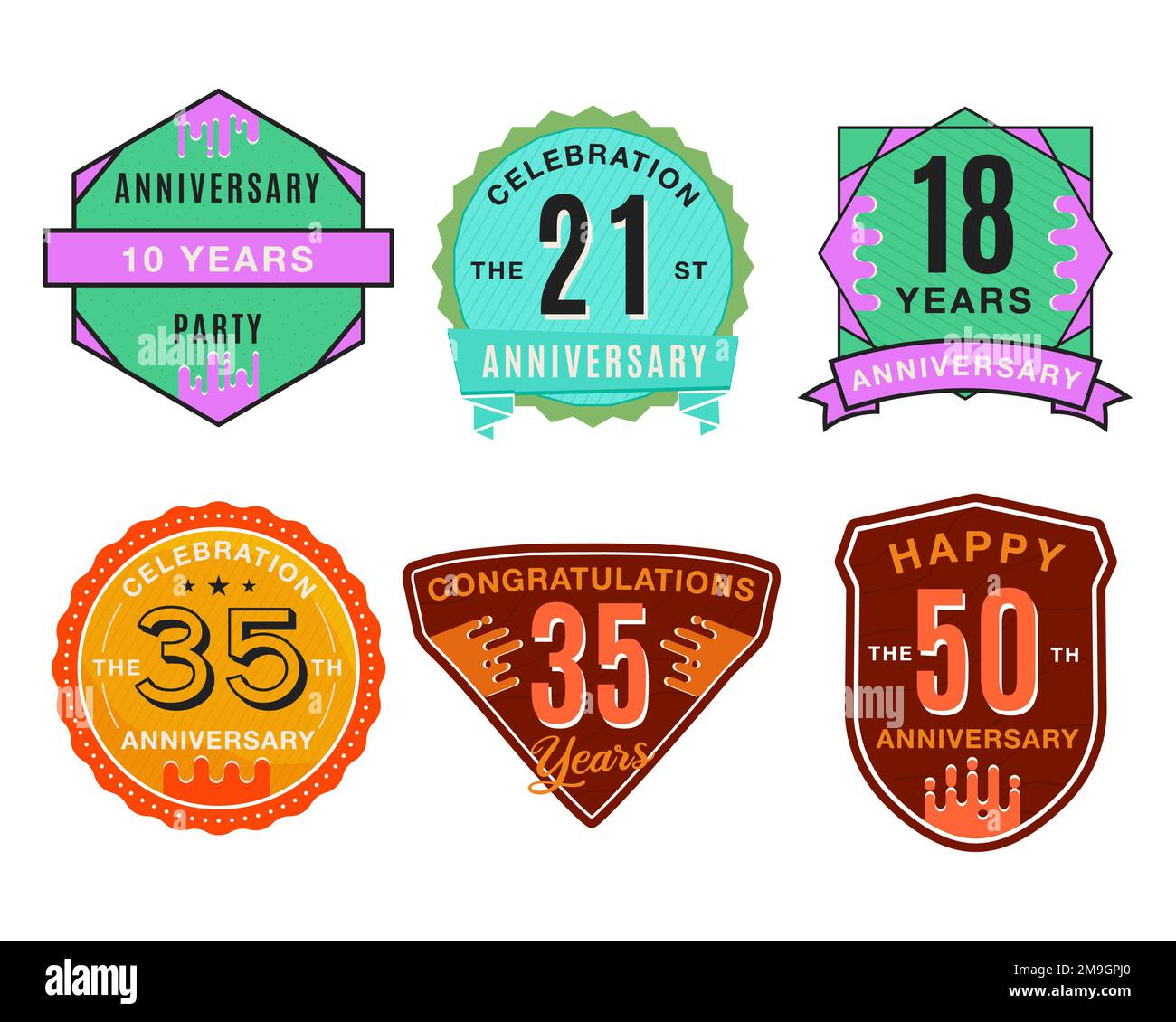 6 Anniversary Logo Templates Set. Wedding badges in flat modern style. Birthday anniversary labels collection. Stock vector designs Stock Vector