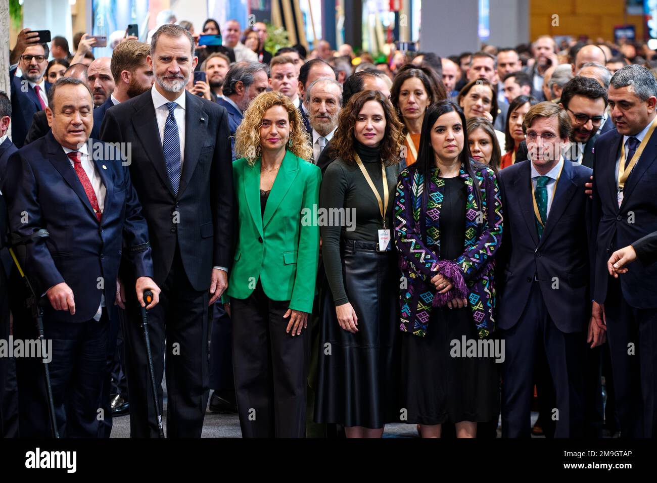 Madrid, Spain. 18th Jan, 2023.  FITUR the International Tourism Fair of Spain 2023. SS.MM. the King and Queen of Spain and different authorities officially inaugurate FITUR 2023, the International Tourism Fair. The president of Guatemala, Alejandro Giammattei (1l); King Felipe VI (2l); the president of the Congress of Deputies, Meritxell Batet (3l); the president of the Community of Madrid, Isabel Diaz Ayuso (4r), and the mayor of Madrid, Jose Luis Martinez-Almeida (2r). IFEMA, Madrid, Spain. Credit: EnriquePSans/Alamy Live News Stock Photo