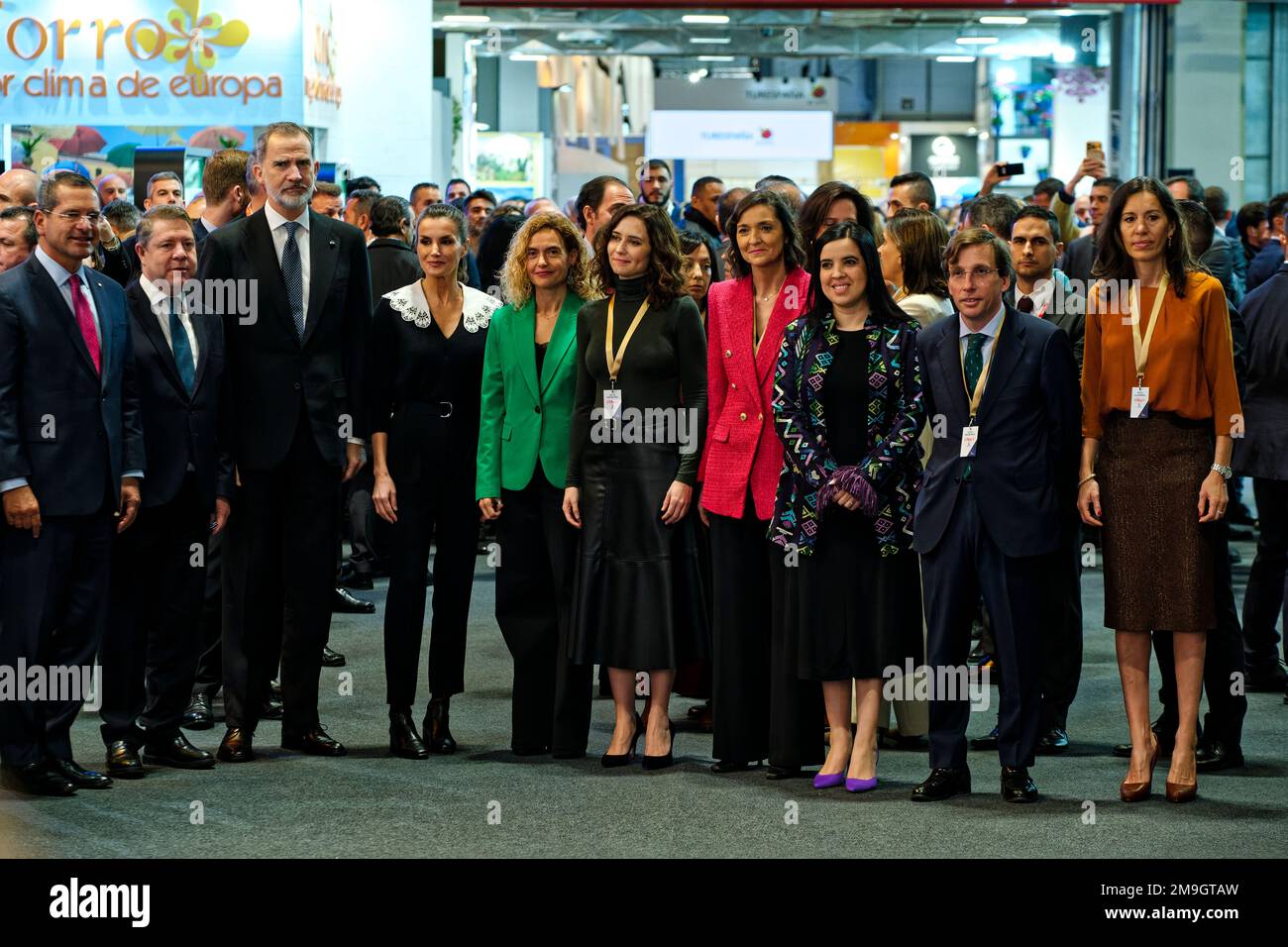 Madrid, Spain. 18th Jan, 2023.  FITUR the International Tourism Fair of Spain 2023. SS.MM. the King and Queen of Spain and different authorities officially inaugurate FITUR 2023, the International Tourism Fair. L to R, The president of Castilla-La Mancha, Emiliano Garcia-Page, King Felipe VI, Queen Letizia, the president of the Congress of Deputies, Meritxell Batet, the president of the Community of Madrid, Isabel Diaz Ayuso, the minister of Industry, Trade and Tourism, Reyes Maroto and Jose Luis Martinez-Almeida, Mayor of Madrid. IFEMA, Madrid, Spain. Credit: EnriquePSans/Alamy Live News Stock Photo