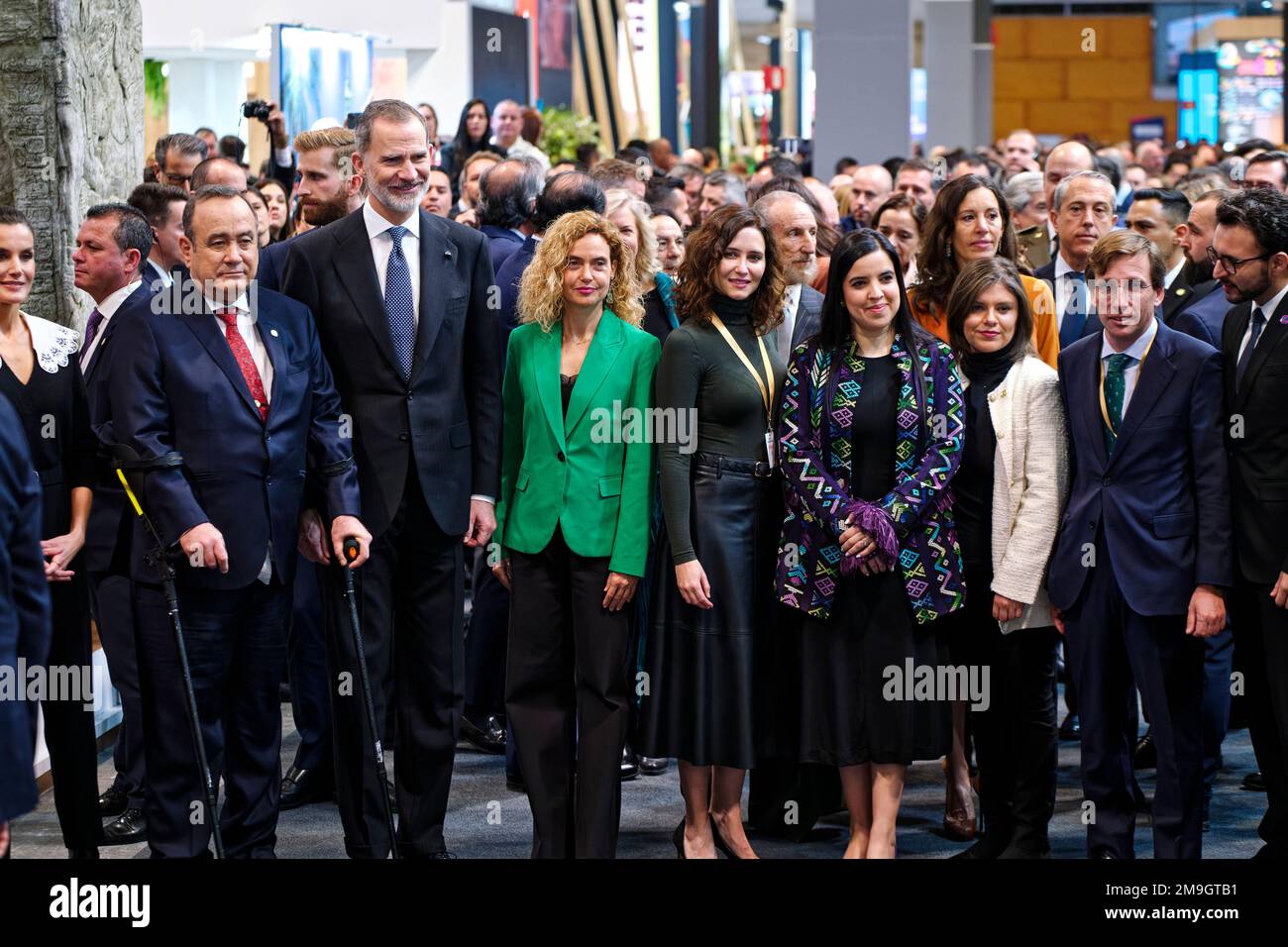 Madrid, Spain. 18th Jan, 2023.  FITUR the International Tourism Fair of Spain 2023. SS.MM. the King and Queen of Spain and different authorities officially inaugurate FITUR 2023, the International Tourism Fair. Queen Letizia (1l); The president of Guatemala, Alejandro Giammattei (2l); King Felipe VI (3l); the president of the Congress of Deputies, Meritxell Batet (4l); the president of the Community of Madrid, Isabel Diaz Ayuso (5r), and the mayor of Madrid, Jose Luis Martinez-Almeida (2r). IFEMA, Madrid, Spain. Credit: EnriquePSans/Alamy Live News Stock Photo