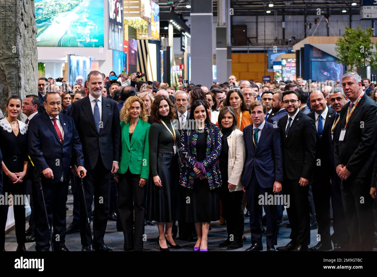 Madrid, Spain. 18th Jan, 2023. FITUR the International Tourism Fair of Spain 2023. SS.MM. the King and Queen of Spain and different authorities officially inaugurate FITUR 2023, the International Tourism Fair. Queen Letizia (1l); The president of Guatemala, Alejandro Giammattei (2l); King Felipe VI (3l); the president of the Congress of Deputies, Meritxell Batet (4l); the president of the Community of Madrid, Isabel Diaz Ayuso (5l); the mayor of Madrid, Jose Luis Martinez-Almeida (5r); Jose Vicente de los Mozos, President of the IFEMA MADRID Executive Committee (1r). IFEMA, Madrid, Spain. Cre Stock Photo