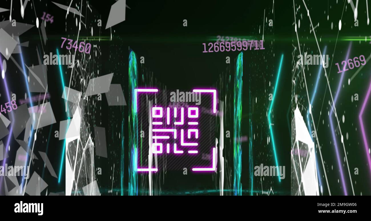 Image of data processing with qr code and digital human over shapes on ...