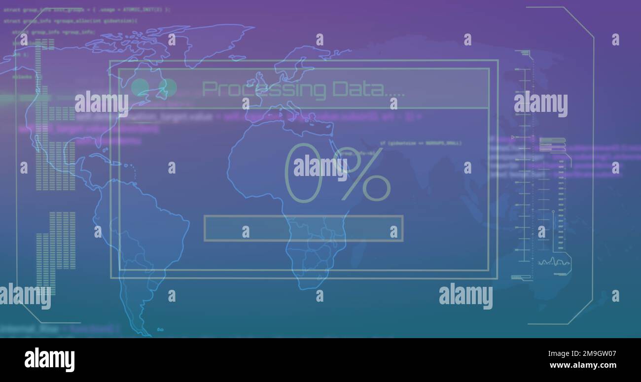 Composition of data processing and world map on purple background Stock ...