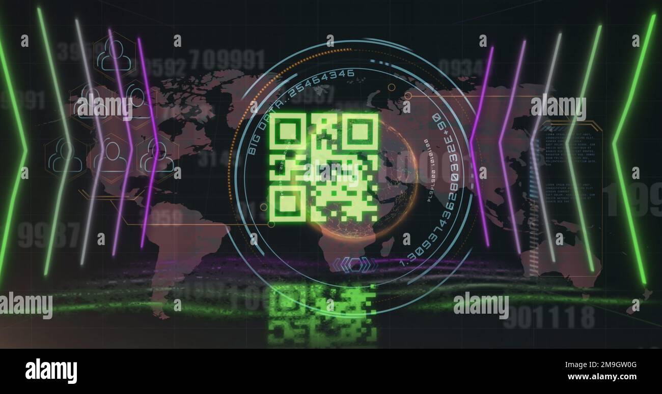 Image of qr code over neon shapes and scope scanning on black