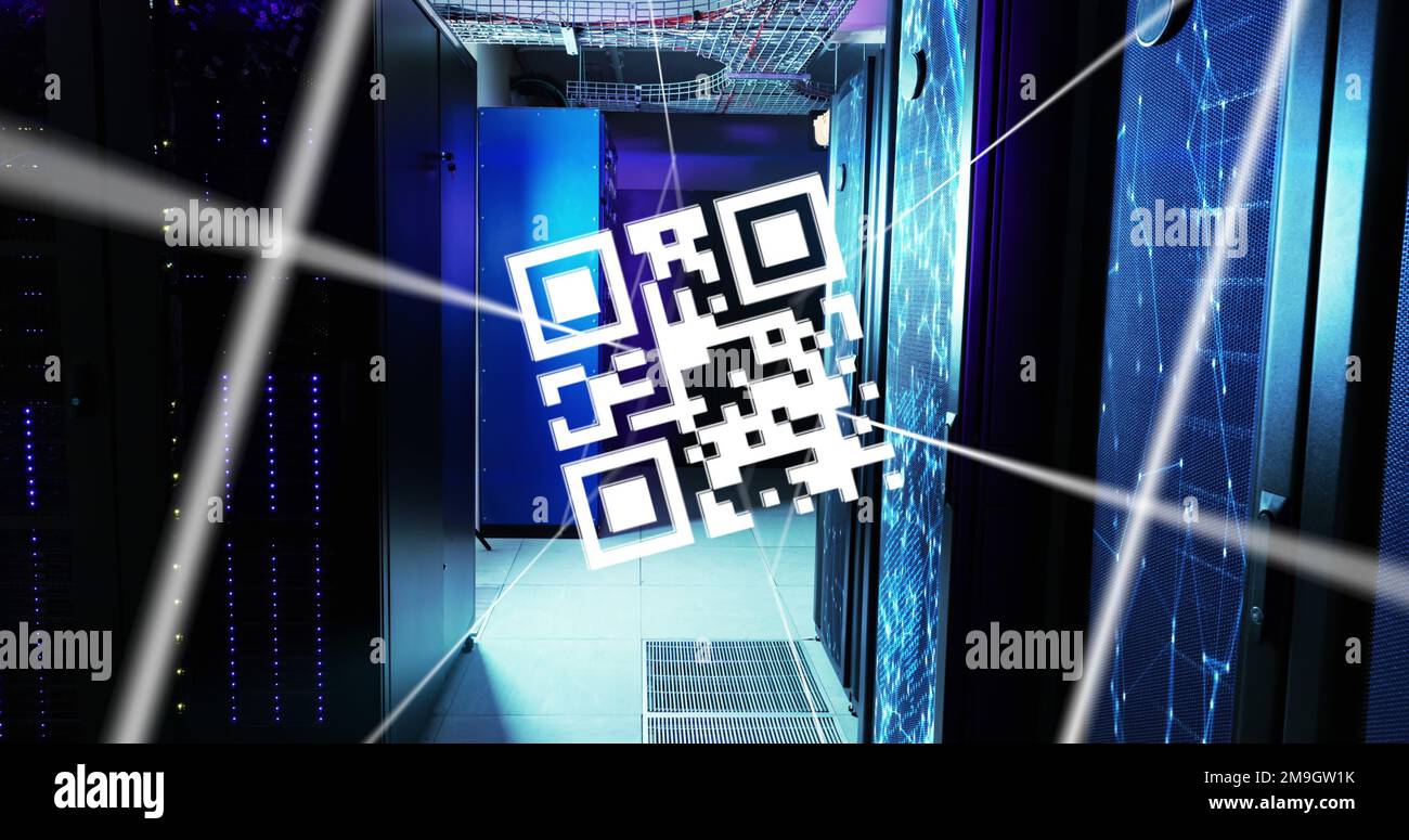 Image of qr code and lines over servers Stock Photo - Alamy
