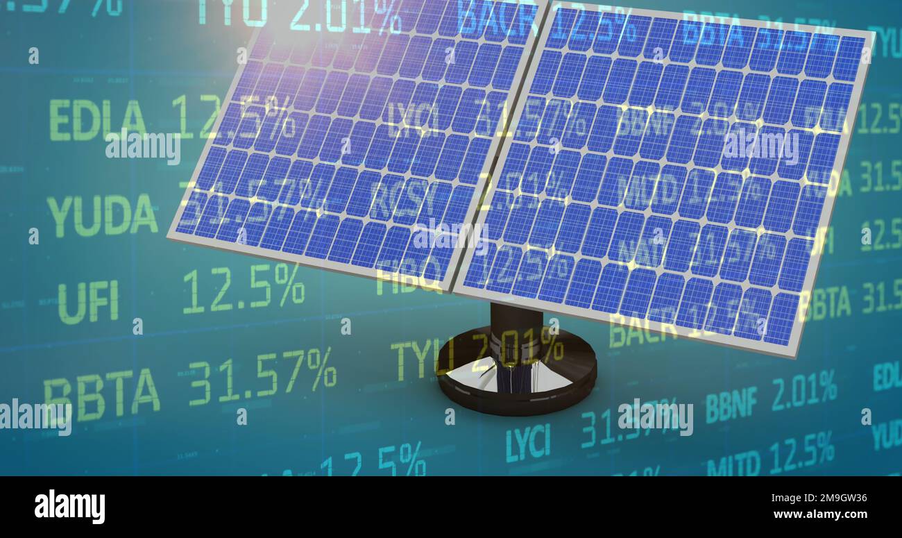 Image of trading board and solar panel on abstract background with lens ...