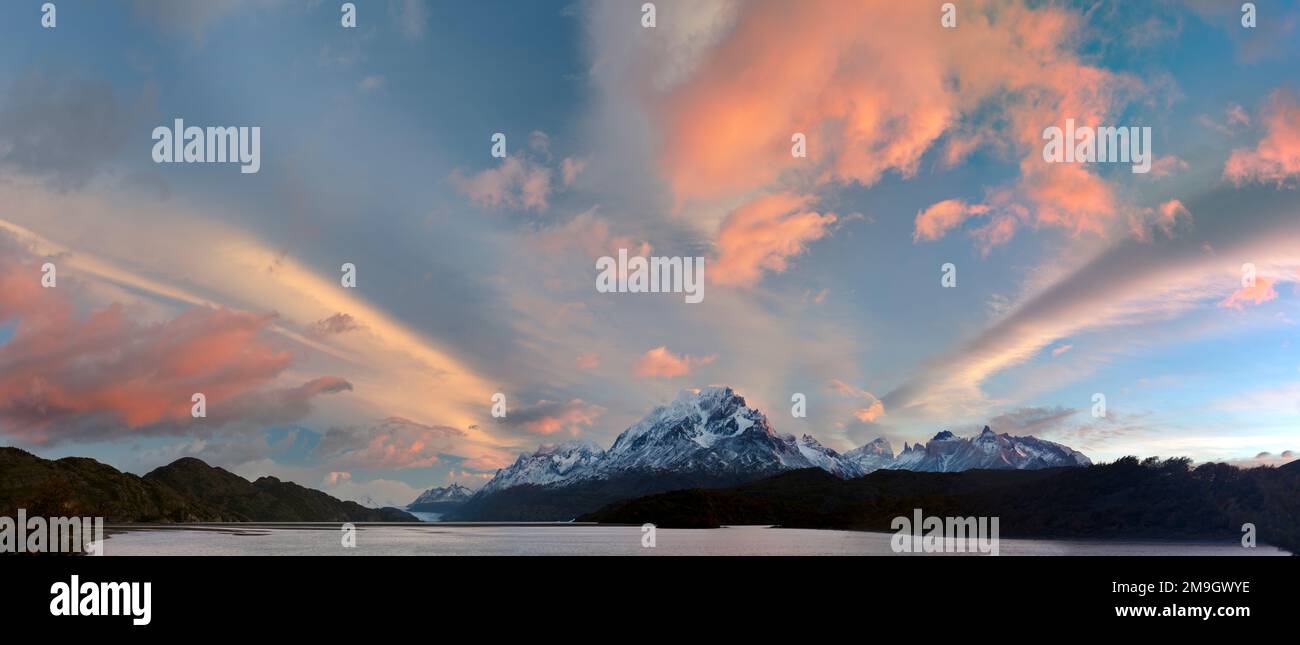 Landscape with Lake Grey and mountains at sunset, Patagonia, Chile Stock Photo