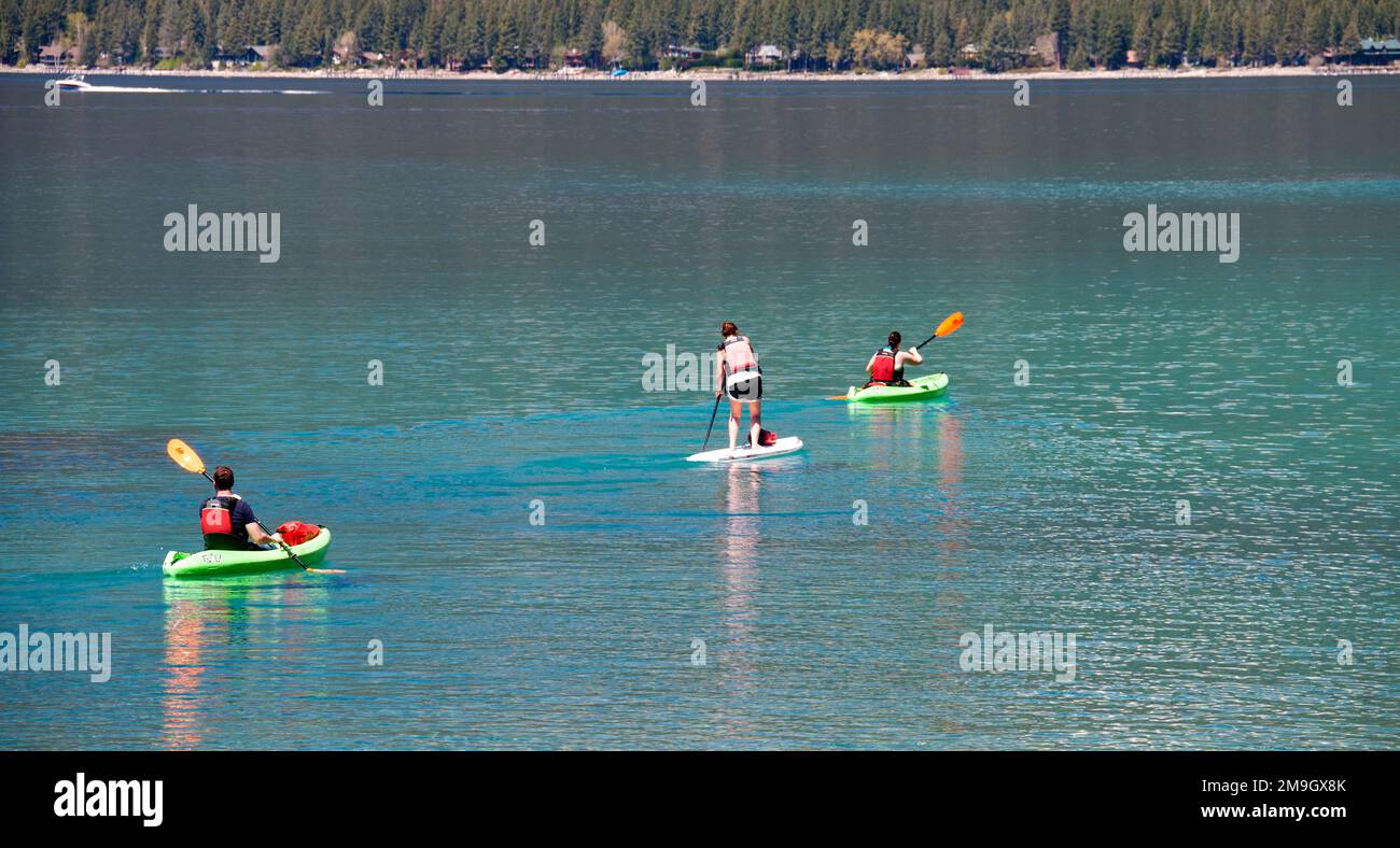 Kayakers and paddleboards on Lake Tahoe, Sand Harbor, Nevada, USA Stock Photo