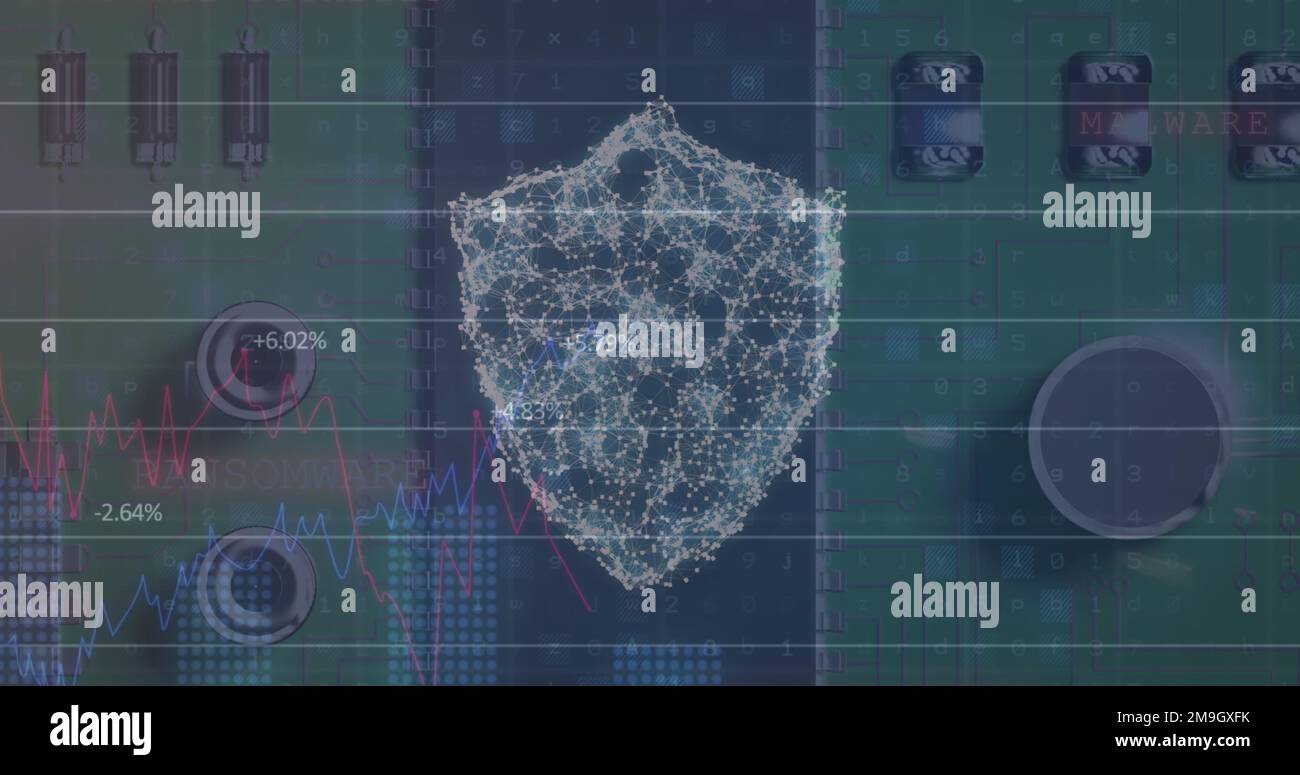 Image of online security shield and data processing on computer server ...