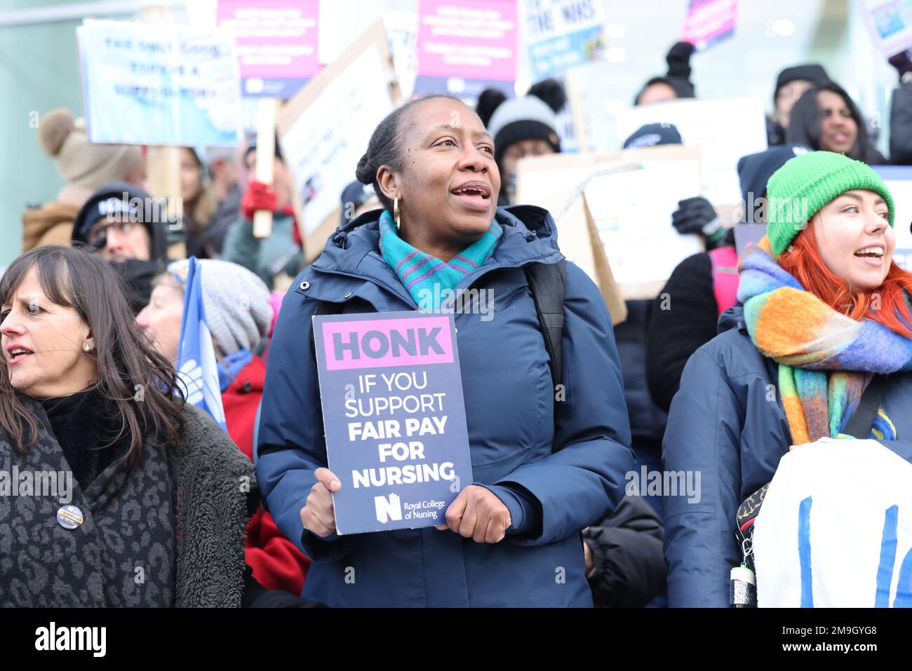 London, UK 18th January 2023. Striking nurses outside UCH, in London, before marching down to Downing Street, as the NHS dispute escalates. Credit: Monica Wells/Alamy Live News Stock Photo