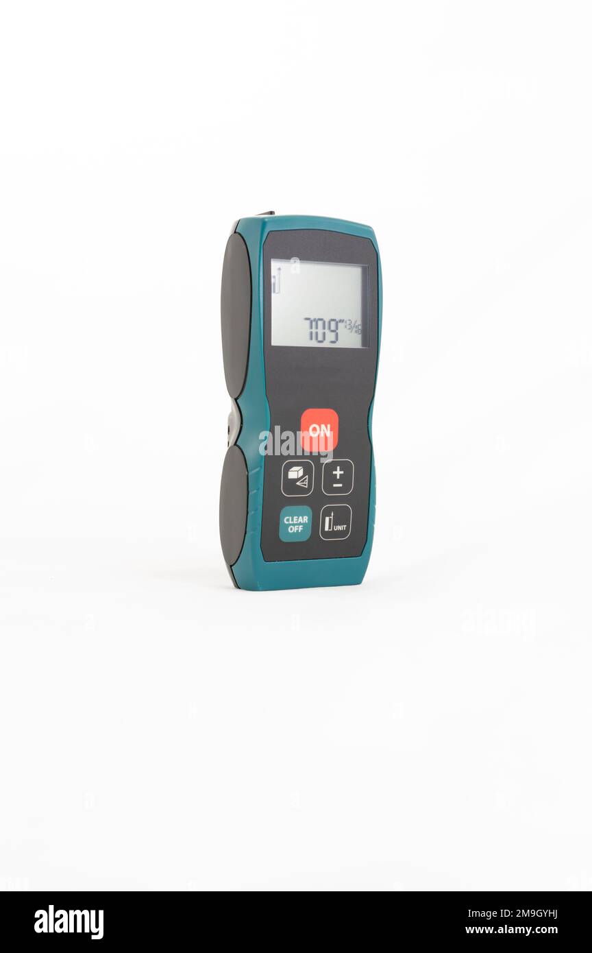 Construction laser range finder on a white background. Laser measuring