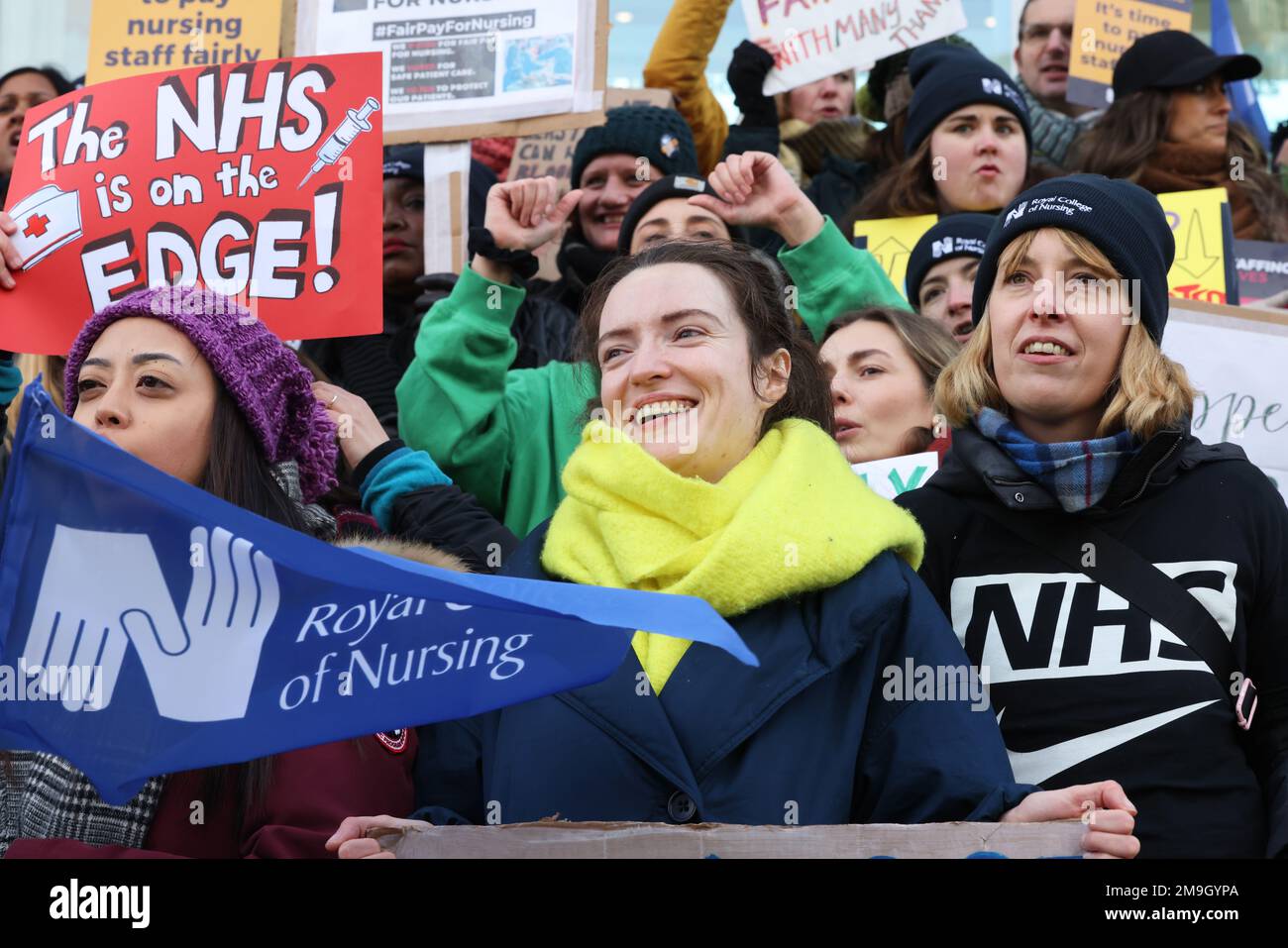 London, UK 18th January 2023. Striking nurses outside UCH, in London, before marching down to Downing Street, as the NHS dispute escalates. Credit: Monica Wells/Alamy Live News Stock Photo