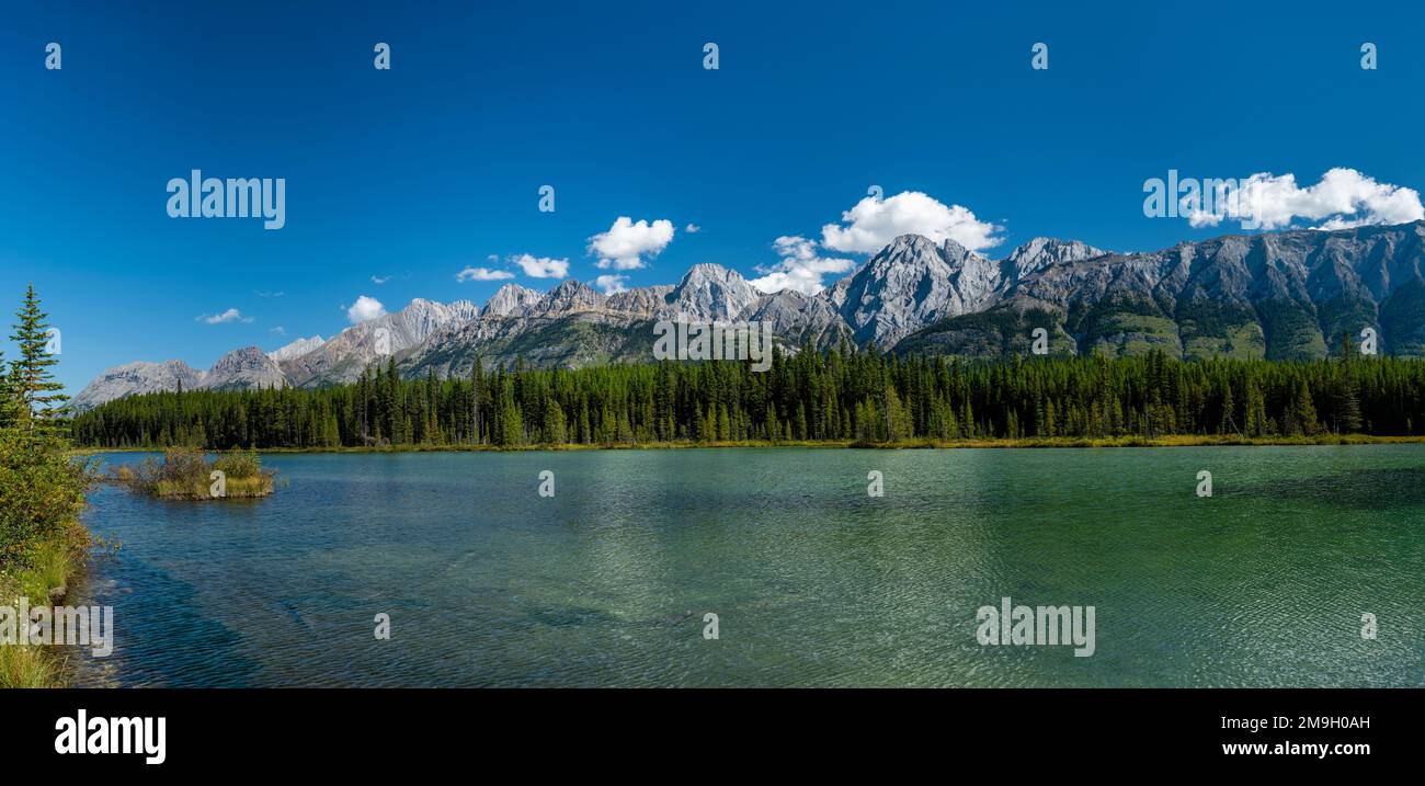 Landscape with Spillway Lake and Mount Brock, Alberta, Canada Stock Photo