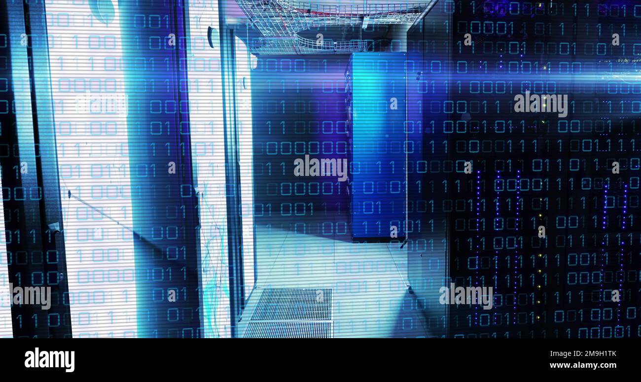 Image of binary code and lights over servers Stock Photo - Alamy