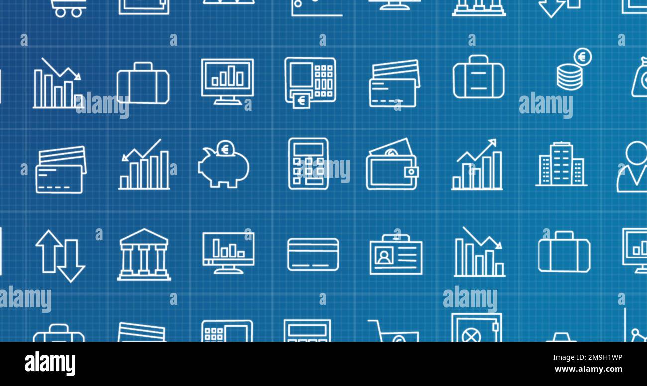 Image of rows of business icons moving on blue background Stock Photo ...