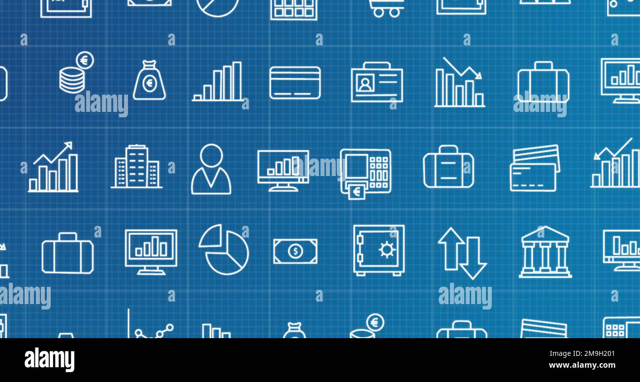 Image of rows of business icons moving on blue background Stock Photo ...