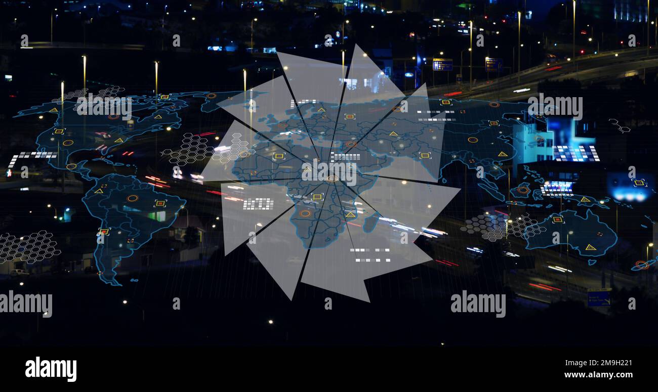 Image of data processing over world map and city Stock Photo - Alamy