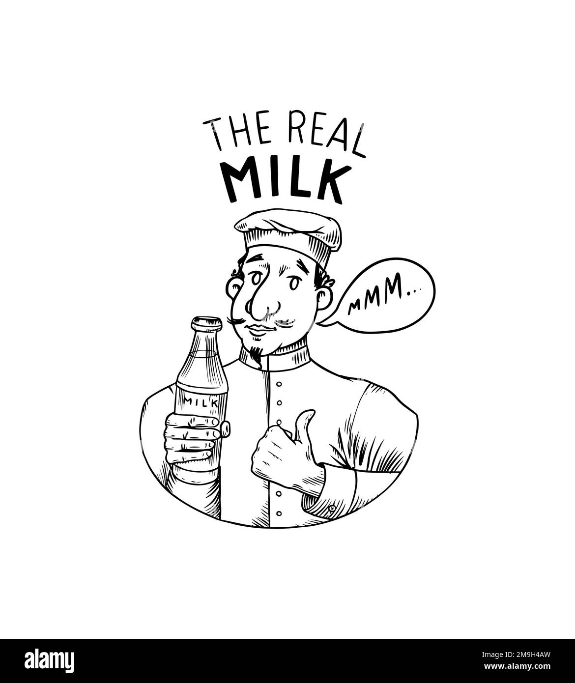 The milkman is holding a bottle of milk and he loves it. Vintage logo or label for shop. Badge for t-shirts. Hand Drawn engrave sketch. Vector Stock Vector