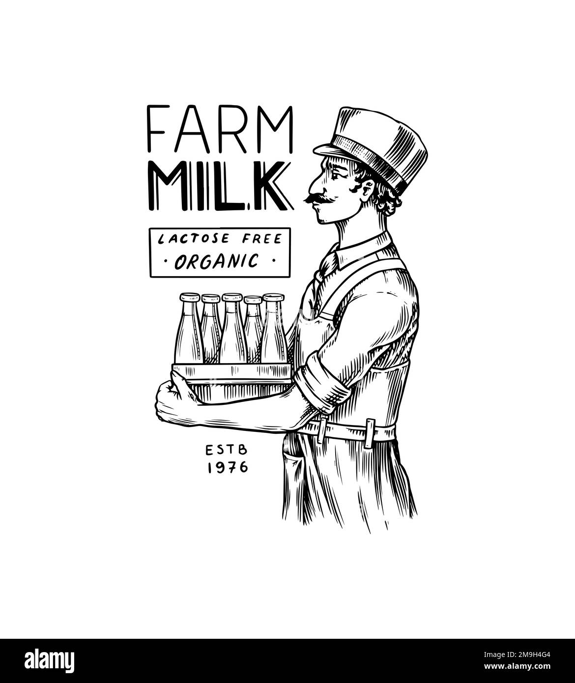 Milk delivery. Milkman in an apron with cans of milk. Vintage logo or label for shop. Badge for t-shirts. Hand Drawn engrave sketch. Vector Stock Vector