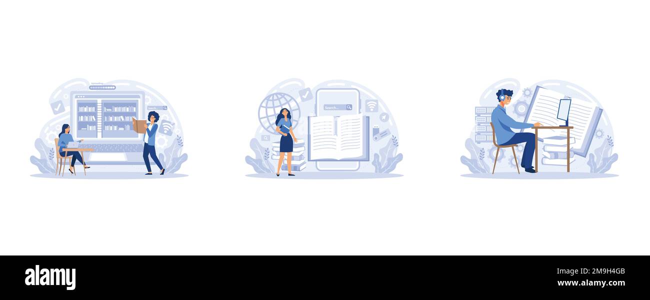 Electronic library, online book storage metaphor. Reading publications, literature via Internet. E-learning and training program for electronic device Stock Vector