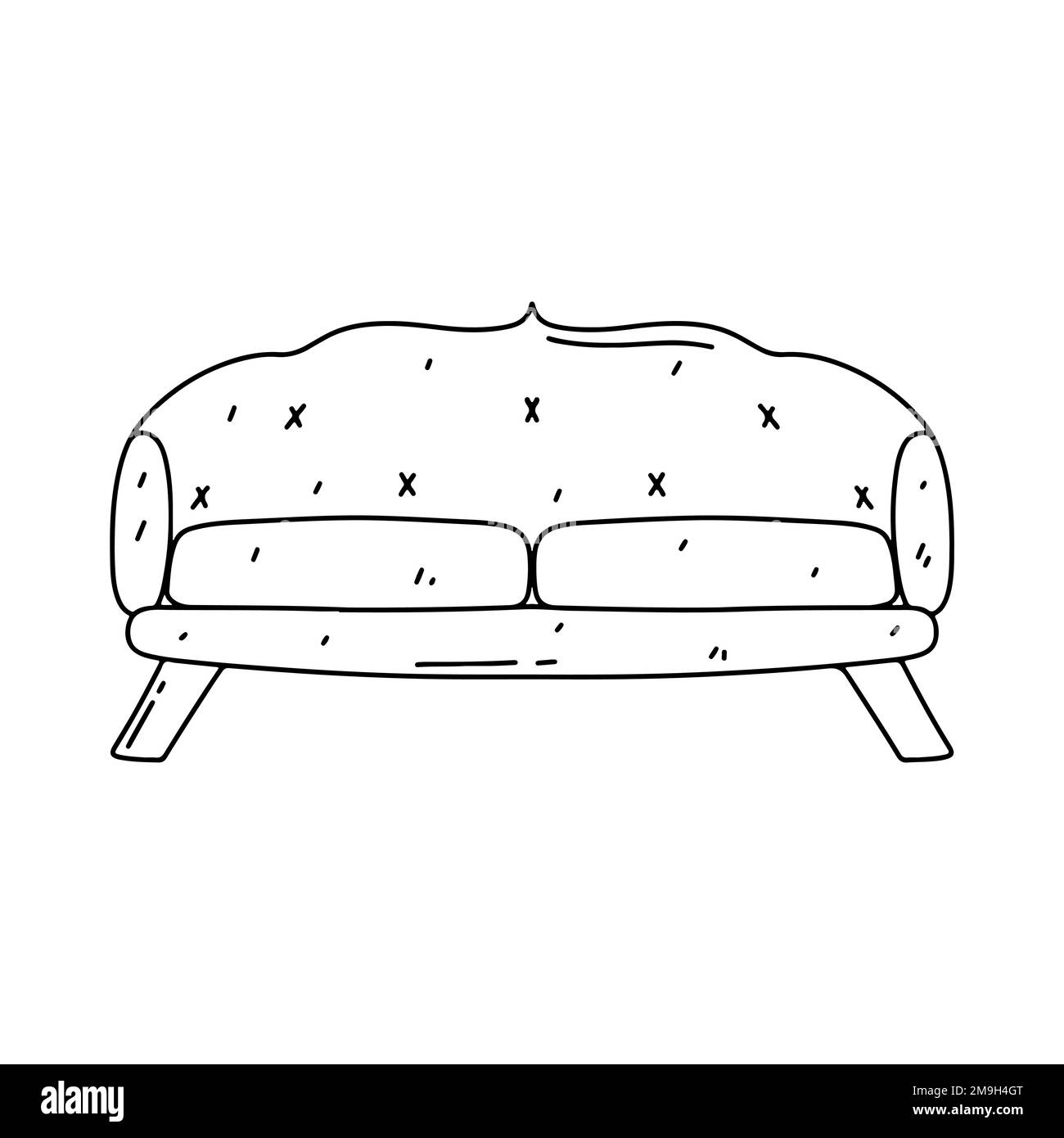 Sofa in hand drawn doodle style. Isolated on white background. Vector