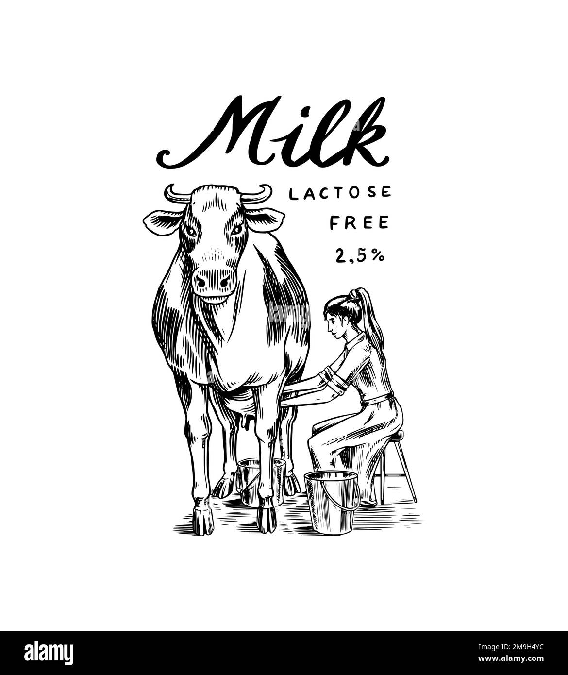 Milk badge. Cow and woman farmer, milkmaid Vintage logo for shop and t-shirts. Village or meadow. Hand Drawn engrave sketch. Vector illustration. Stock Vector