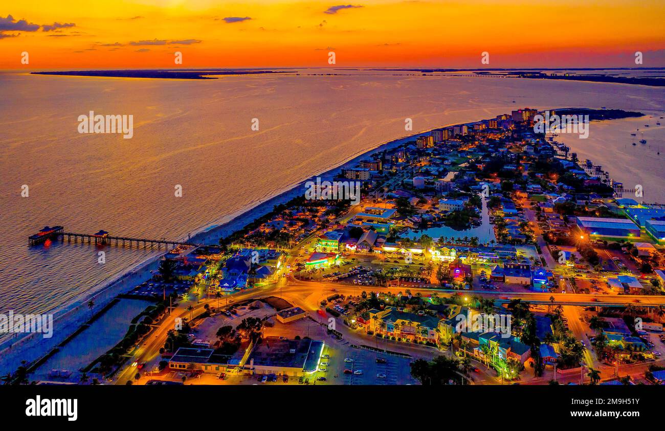 Aerial view of sun setting over Fort Myers Beach, Fort Myers, Florida, USA Stock Photo