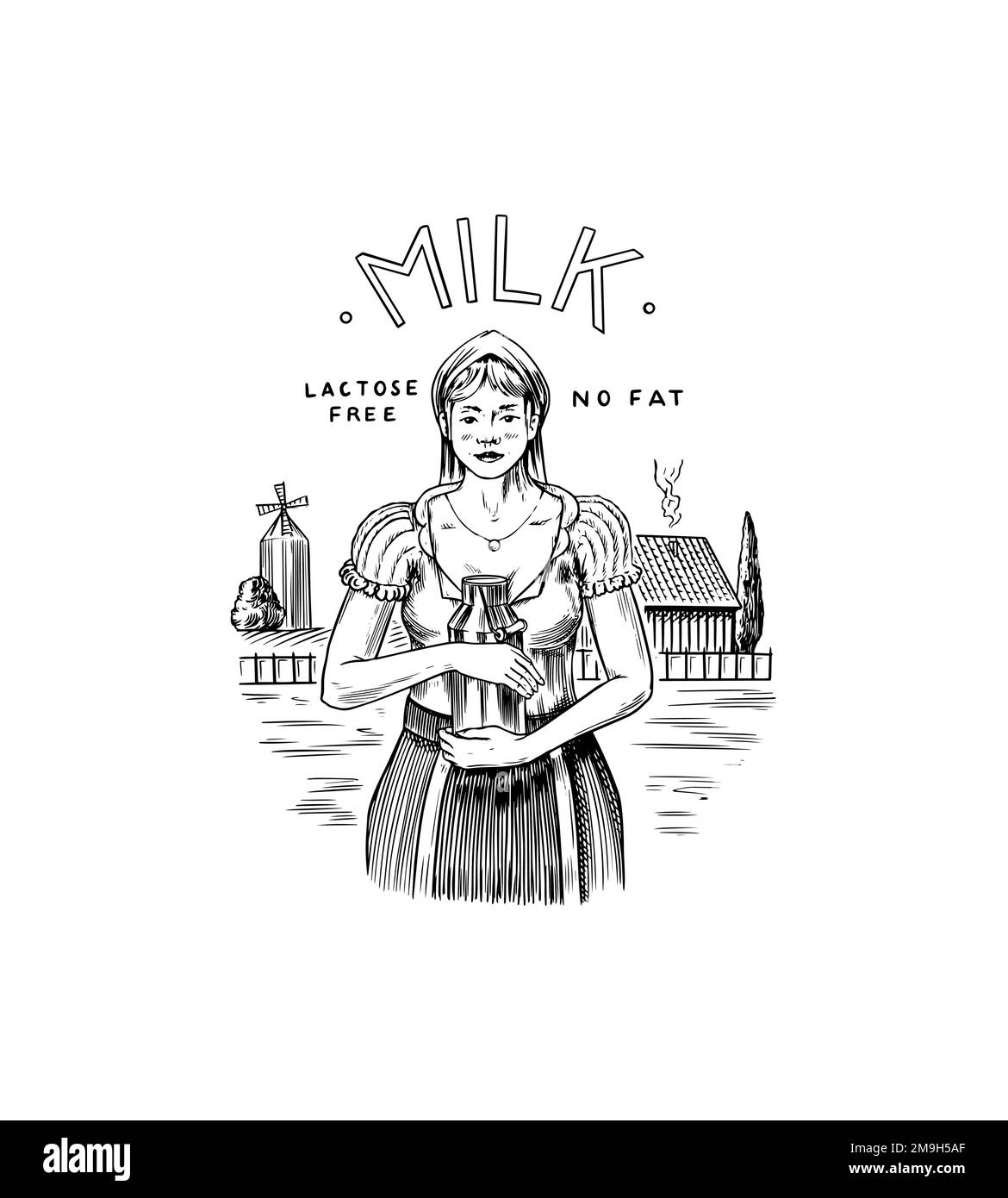 Village woman milkmaid with a can of milk on the background of a farm with a mill. Vintage logo or label for shop. Badge for t-shirts. Hand Drawn Stock Vector