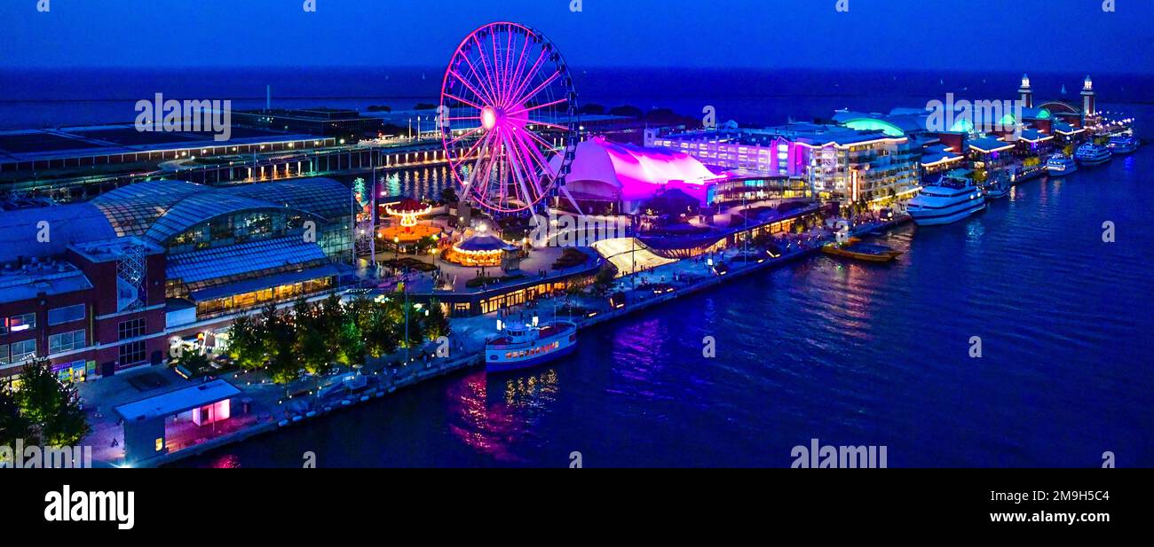 Aerial view of Navy Pier with Ferris wheel at night, Chicago, Illinois, USA Stock Photo