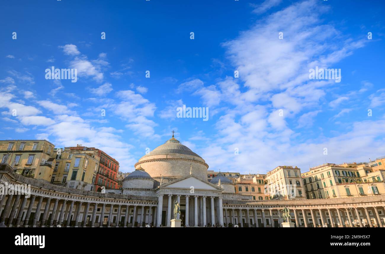 Plebiscite Place, the symbol of the city of Naples: the Royal Pontifical Basilica of Saint Francis of Paola. Stock Photo