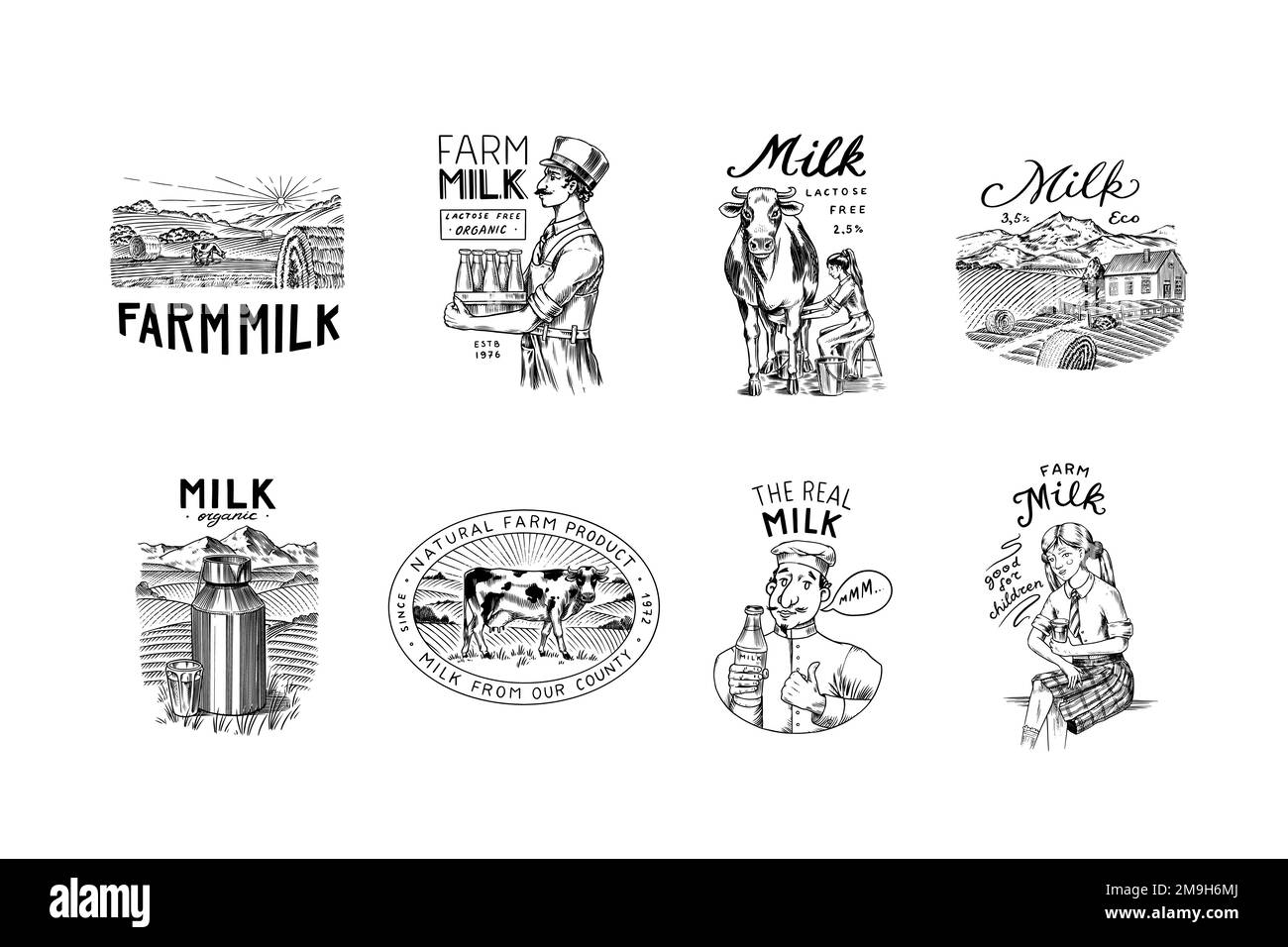 Milk set. Cow and woman farmer, milkmaid and jug, blot and bottles, packaging and meadow, man holds a glass. Vintage logo for shop. Badge for t-shirts Stock Vector