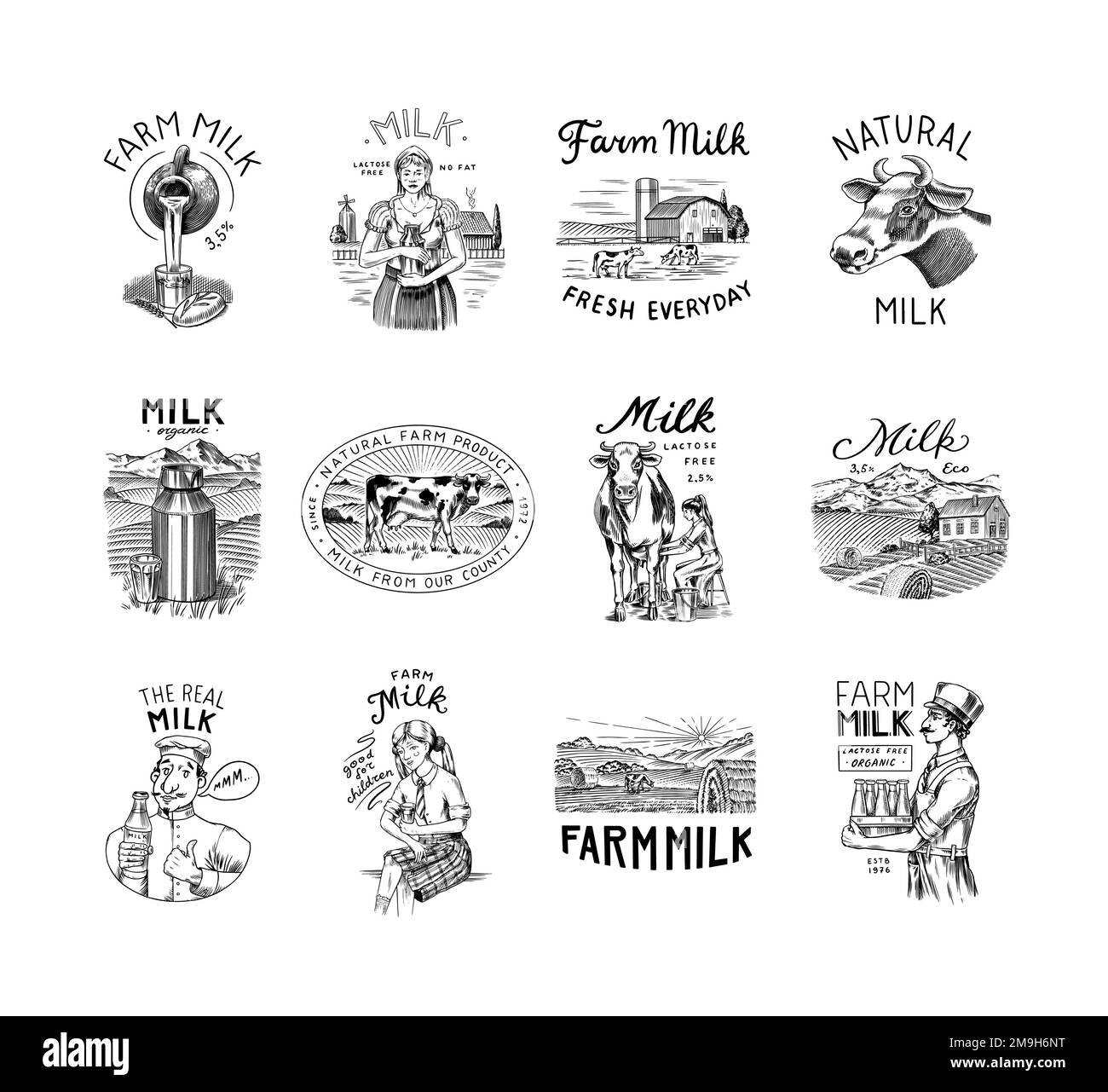 Milk set. Cow and woman farmer, milkmaid and jug, blot and bottles, packaging and meadow, man holds a glass. Vintage logo for shop. Badge for t-shirts Stock Vector