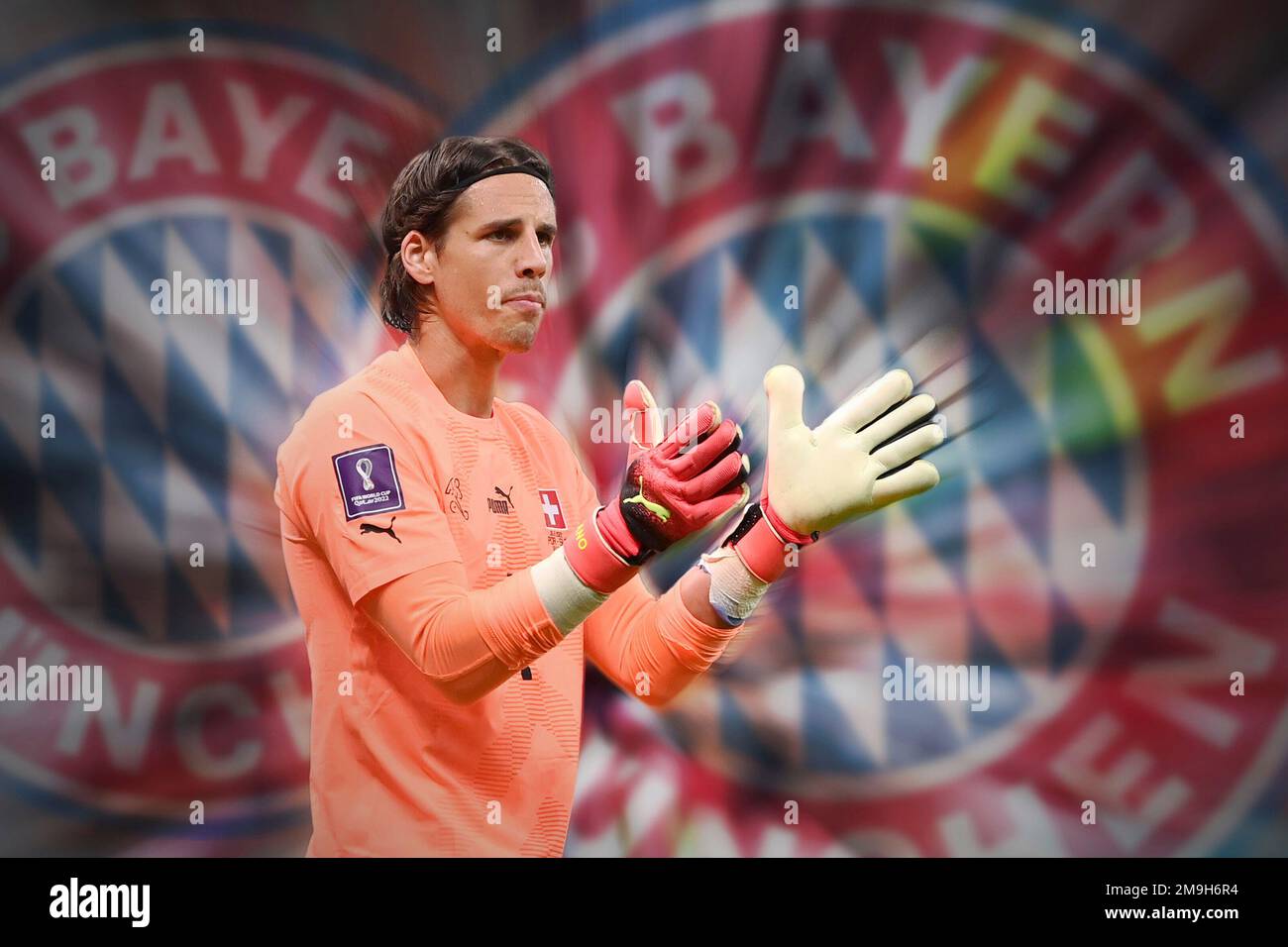 PHOTO MONTAGE: FC Bayern Munich: Yann Sommer moves to the Isar. ARCHIVE PHOTO; Yann SOMMER, goalwart (SUI), gesture, gives instructions, action, single image, cut single motif, half figure, half figure. Round of 16, Round of Sixteen, Game 56, Portugal (POR) - Switzerland (SUI) 6-1 on December 6th, 2022, Lusail Stadium Football World Cup 20122 in Qatar from November 20th. - 18.12.2022 Ã?Â Stock Photo