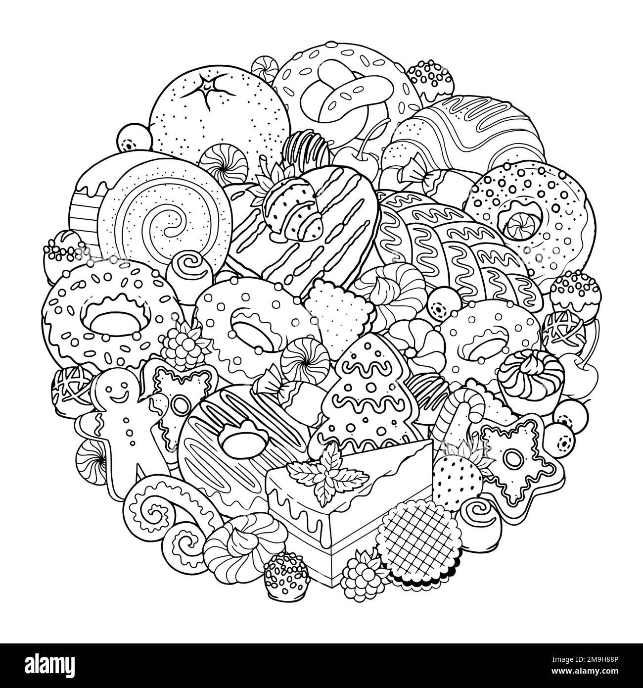 Vector coloring book page for adults of sweet food, candies, pastries