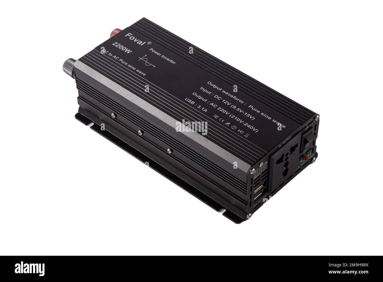 Inverter-voltage converter. Sinusoidal pure sine converter adapter isolated on white background. Power Inverters DC to AC from car battery. Ukraine, Kyiv - January 17, 2023. Stock Photo