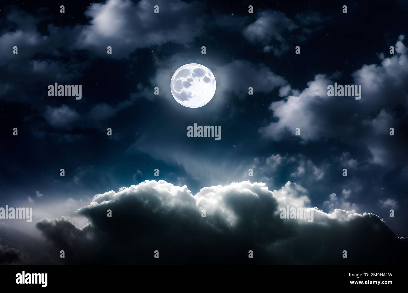 illustration, photo. Night sky with stars and full moon background Stock Photo