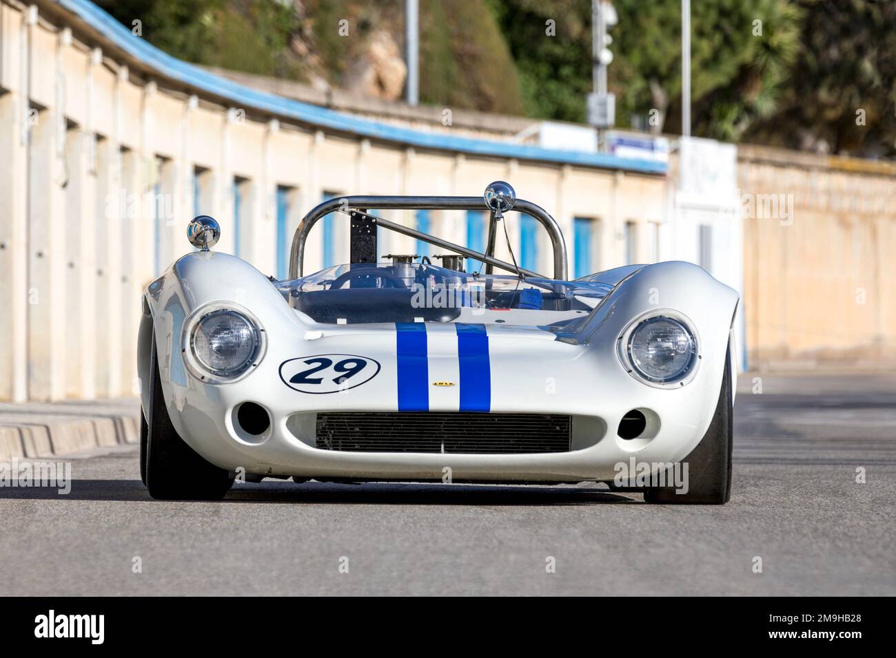 Front view of Lola T70 MkII Spyder sports car parked on road Stock Photo