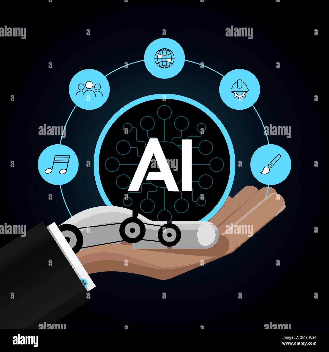 Artificial intelligence concept with 5 icons and semi robotic hand. Vector Stock Vector