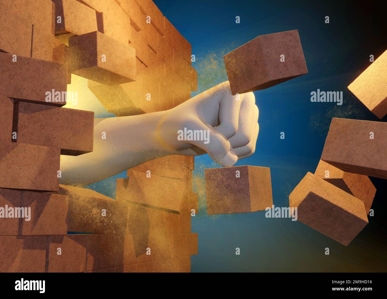 Punching through a brick wall. Digital illustration, 3D rendering. Stock Photo