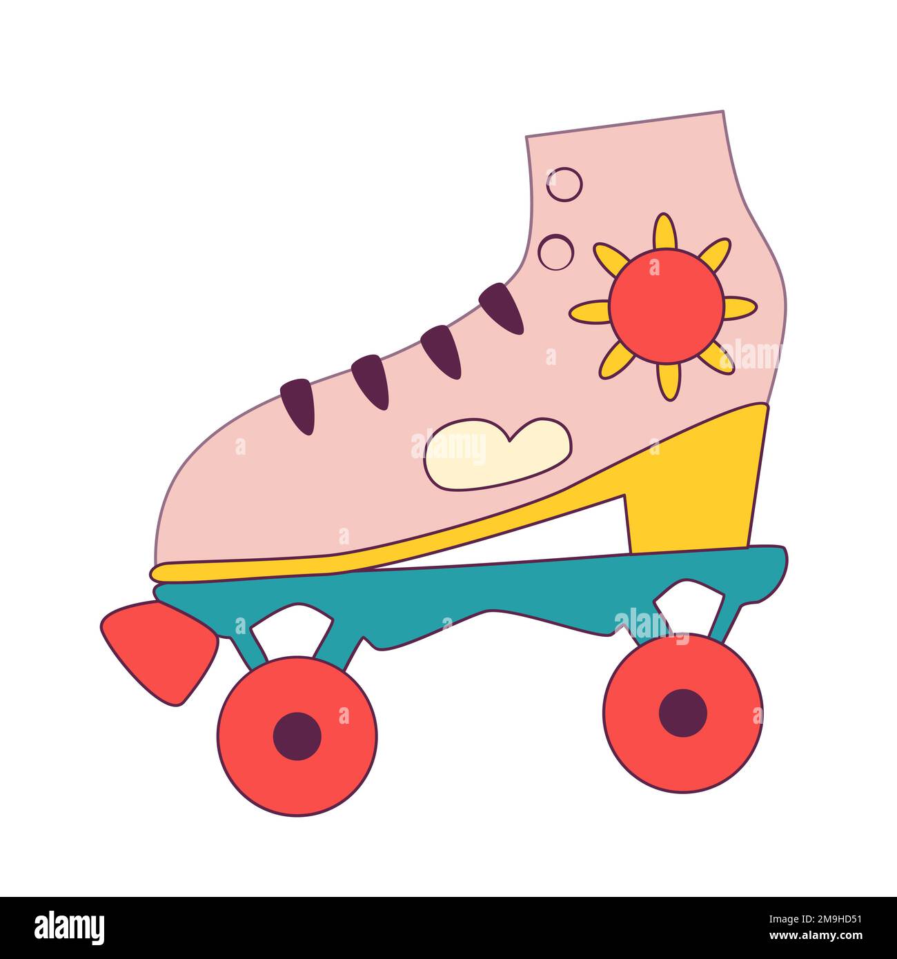 Retro roller skates icon patterned with sun and cloud. Vintage pink shoes in psychedelic 1970 style. Romantic activity vibe. Vector illustration. Stock Vector