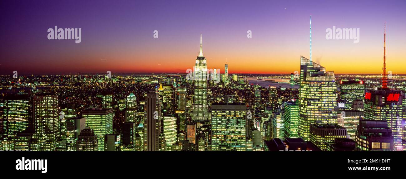 Aerial view of Manhattan skyline at dusk, New York City, USA Stock Photo